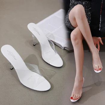 2019 Mulheres Chinelos de quarto Peep toe Verão PVC Transparente Sapatos Mulheres Sandálias Claro Chinelos de quarto Slides Rasos Salto Alto 7/10 CM Chinelo