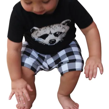 Verão para crianças de terno menino fox cabeça xadrez listrado T-shirt terno casual, esportes, moda roupas para crianças dos desenhos animados bonitos conjuntos