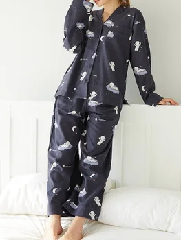 Novo senhoras' simples caricatura impressa algodão pijama terno elegante e confortável de manga comprida, calças casa de serviço de terno