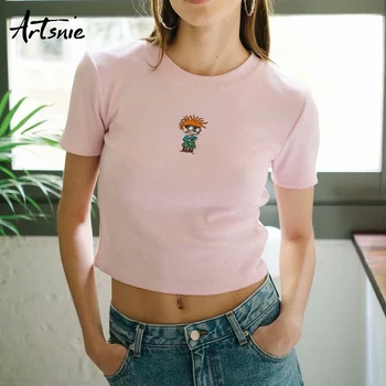 Artsnie cartoon bordado mulheres t-shirt de verão, o decote manga curta crop tops streetwear casual roxo cropped t-shirt de mulher