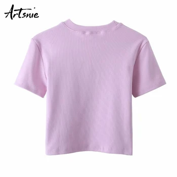 Artsnie cartoon bordado mulheres t-shirt de verão, o decote manga curta crop tops streetwear casual roxo cropped t-shirt de mulher