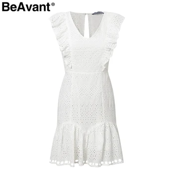 BeAvant Elegante renda de algodão branco mulheres de vestido Bordado de cintura alta verão vestido casual Vintage curto vestidos de festa de senhoras