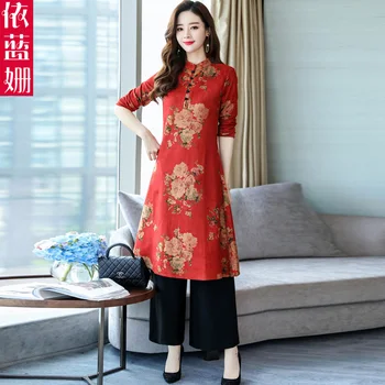Étnica de roupas femininas de 2018 outono novo do emagrecimento retro melhorado cheongsam vestido de calças conjunto de roupa de duas peças