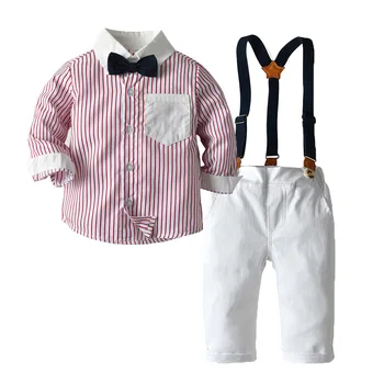 2020New Crianças de bebê de algodão de manga comprida pingente de laço+ camisa+ calça do terno Cavalheiro Roupas de Crianças 2 3 4 5 6 7 8 anos de idade