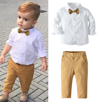2020New Crianças de bebê de algodão de manga comprida pingente de laço+ camisa+ calça do terno Cavalheiro Roupas de Crianças 2 3 4 5 6 7 8 anos de idade