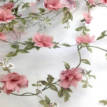 Por O Medidor Cor-De-Rosa Chiffon Floral Applique Lace Material Para O Vestido De Casamento De Organza Tecido