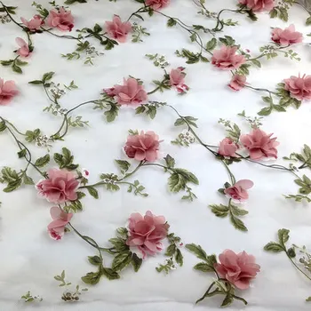 Por O Medidor Cor-De-Rosa Chiffon Floral Applique Lace Material Para O Vestido De Casamento De Organza Tecido