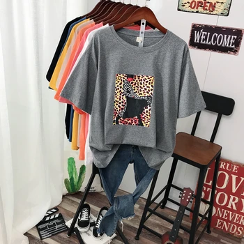 Hirsionsan Resumo Leopard Impresso T-Shirt Das Mulheres Punk, Vintage Solta Verão Do Algodão Camiseta Coreano Streetwear Casual Feminino Tops