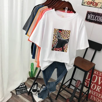 Hirsionsan Resumo Leopard Impresso T-Shirt Das Mulheres Punk, Vintage Solta Verão Do Algodão Camiseta Coreano Streetwear Casual Feminino Tops
