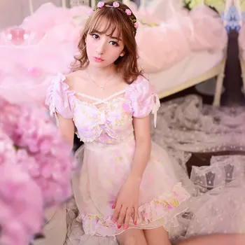 Princesa doce vestido de lolita Doce chuva princesa estilo Japonês de Verão bonito novo bow chiffon floral vestido roxo C16AB6032