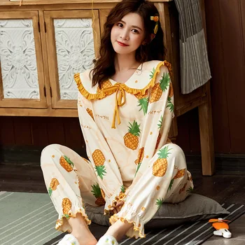 Novas Mulheres Conjunto de Pijama de Manga Longa Bonito Boneca de Impressão Roupa de Homewear Elástico Solto Calça de Pijama Conjunto de Pijamas Menina Primavera