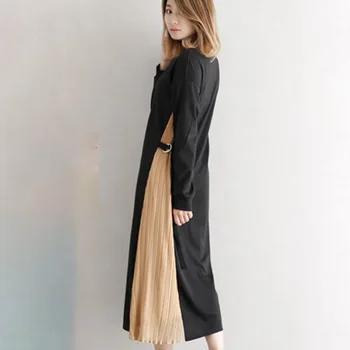 Camisa De Vestido De 2019 Outono Mulheres Coreano Fake Dois Pedaço De Vestido De Malha De Manga Longa De Moda, Patchwork Vestido Casual, Vestidos Plissados