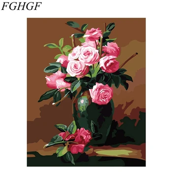 FGHGF Enquadrado DIY Pintura Números de Pintura a Óleo sobre Tela, Decoração da Casa Para a Sala De Flor-de-Rosa
