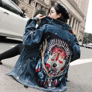 Harajuku Fashion Lantejoulas Emendados Lobo Totem jaqueta de Jeans vestuário feminino cor da Luz de Primavera Solto e Casual Longo Casaco