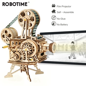 Robotime 183pcs Retro Diy 3D Manivela Projetor de Filmes de Madeira de Construção do Modelo de Kits de Montagem Vitascope Brinquedo Presente para Crianças para Adultos