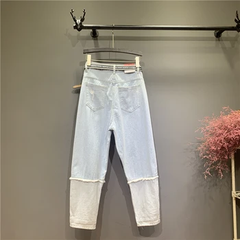 Moda de Retalhos de Jeans para Mulheres de Cintura Alta Jeans Elástica de Alta Letra imprimir Buraco Mais o tamanho de calças de Brim das Mulheres Lavado Denim, calças de Harun