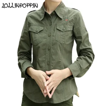 Estilo Militar Mulheres Exército De Camisa Verde Com Epaulets Manga Longa Virada Para Baixo De Gola Senhoras Embroideried Camisas Casuais Exército Camisa