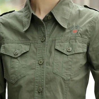 Estilo Militar Mulheres Exército De Camisa Verde Com Epaulets Manga Longa Virada Para Baixo De Gola Senhoras Embroideried Camisas Casuais Exército Camisa