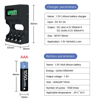 Original AAA DE 1,5 V Recarregável Alimentaçao 1050mAh de 1,5 V AAA bateria de Li-ion Bateria de Lítio com Carregador de Bateria de 1,5 v Pilhas AAA