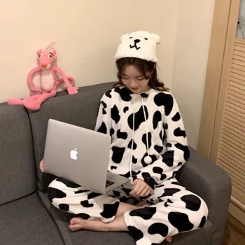 Vaca de Impressão Pijama de Flanela para Meninas de Inverno, Pijamas Mulheres em Casa Terno Querida Pijamas Outono Roupas de Pijamas