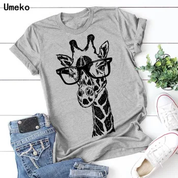 Umeko de verão de novo o pescoço de girafa de impressão de T-shirts para mulheres cartoon casual t-shirt senhora tops de manga curta t-shirt feminina roupas