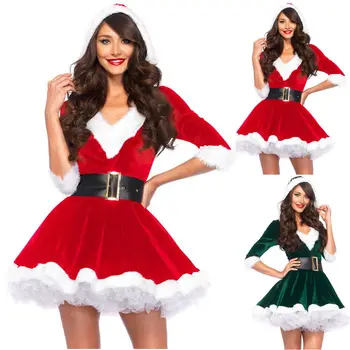 Moda Miss Noel Vestido De Terno, Mulheres De Natal Fantasia Vestido De Festa Sexy Santa Roupas Capuz Papai Noel Querida Trajes Cosplay