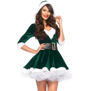 Moda Miss Noel Vestido De Terno, Mulheres De Natal Fantasia Vestido De Festa Sexy Santa Roupas Capuz Papai Noel Querida Trajes Cosplay