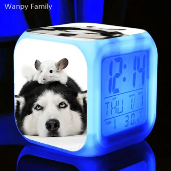 Muito Bonito Cão Husky Relógio LED Em 7 Cores Brilhantes Multifunções Digital, Relógio Despertador quarto de Crianças da área de Trabalho Relógio Eletrônico de Relógios