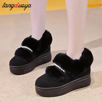 Plataforma botas de inverno com pele bege ankle boots cadeia de esferas de Moda casual coreano botas de neve do luxuoso inverno quente sapatos de saltos
