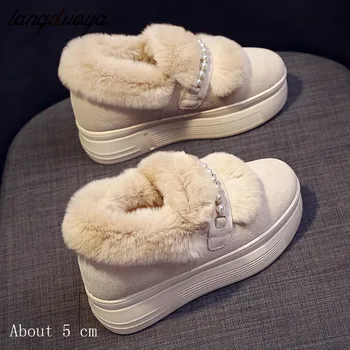 Plataforma botas de inverno com pele bege ankle boots cadeia de esferas de Moda casual coreano botas de neve do luxuoso inverno quente sapatos de saltos