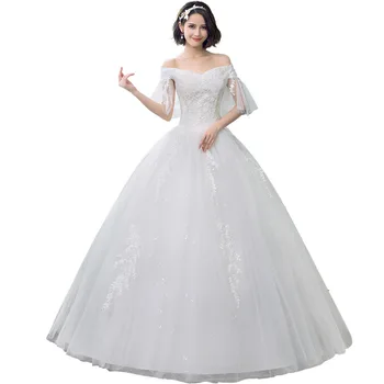 Elegante Vestido De Bola Vestidos De Noiva Fora Do Ombro Decote Em V, Com Cercadura Apliques De Laço Branco Formais Vestidos De Noiva Robe De Mariee