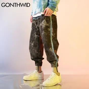 GONTHWID Bordado do Lado de Listra Tie Dye Corredores Harém Calças Cargo Streetwear Harajuku Hip Hop Casual Calças Largas Calças Mens