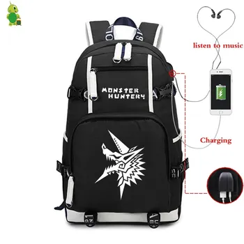 Monster Hunter Mochila Mulheres Homens USB Charge Backpack do Laptop Grandes Sacos de Escola para Meninas Adolescentes, Meninos Luminosa Sacos de Viagem