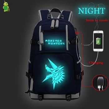 Monster Hunter Mochila Mulheres Homens USB Charge Backpack do Laptop Grandes Sacos de Escola para Meninas Adolescentes, Meninos Luminosa Sacos de Viagem