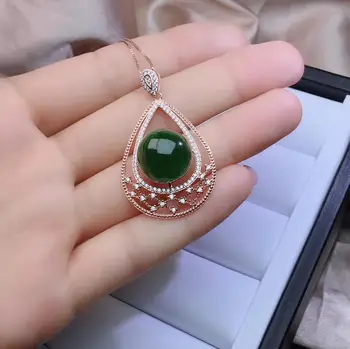 Graciosa verde Jade colar para mulheres prata, jóias reais de prata 925 rodada natural jade gota de água menina da festa presente