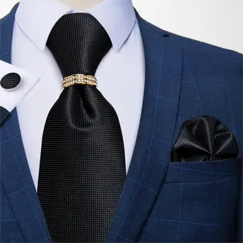 Homens de Gravata Preta Sólida Casamento Gravata de Seda Para os Homens de Lenço de Punho Anel de Laço Conjunto DiBanGu Designer de Moda Festa JZ-03-251