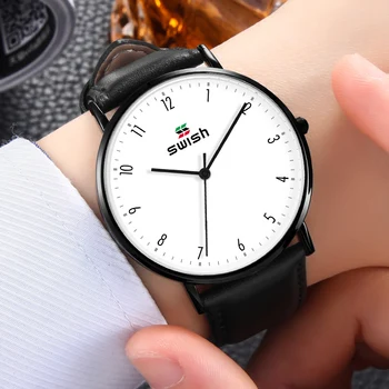 SWISH Homens de Moda Quartzo relógio de Pulso 2020 Homens Relógios com Números Impermeável de Couro Simples, Esportes Relógios Zegarek Meski