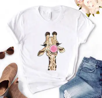 Girafa goma de mascar soprando bolhas de Impressão Mulheres Camisetas de Algodão Casual e Funny t-Shirt De Senhora, Yong Menina Superior Tee Hipster PH-41