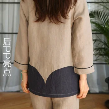 O coreano de Algodão e linho novo pijama conjunto das mulheres de algodão simples moda de algodão de manga longa de nove pontos longo Ladies' home service
