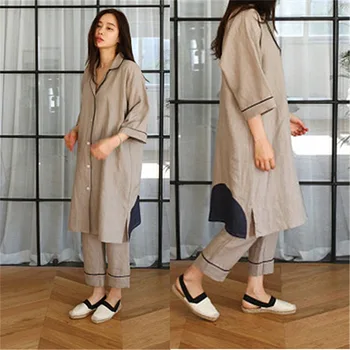 O coreano de Algodão e linho novo pijama conjunto das mulheres de algodão simples moda de algodão de manga longa de nove pontos longo Ladies' home service