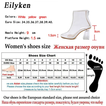 Eilyken 2021 Nova Primavera/Outono Mulheres Botas de PVC Cristal Transparente calcanhar, Dedo do pé Quadrado Botas Zíper de Costura Praça calcanhar Botas Chelsea