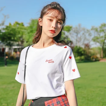 Harajuku T-shirt das Mulheres de Verão do Algodão Amor Bordado de Coração Tshirt Mauricinho Estilo Casual coreano Roupas O-pescoço Kawaii Tops Tumblr