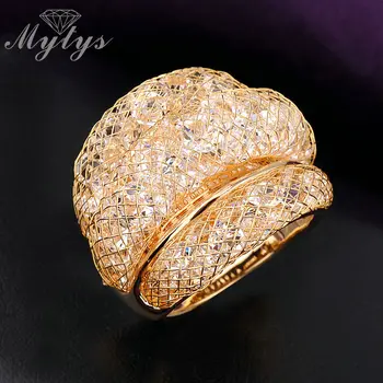 Mytys Moda de Malha de Ouro Anel de Cristal de Tamanho 6 7 8 9 10 Claro Zircão Declaração de Anéis para as Mulheres R561