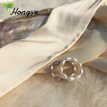 Hongye Senhoras Natural Pérolas Frisado Ajustável Anéis Redondos para Mulheres Elegantes, Jóias de Casamento Simples Branco/Roxo Anillos 2020