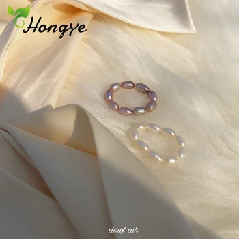 Hongye Senhoras Natural Pérolas Frisado Ajustável Anéis Redondos para Mulheres Elegantes, Jóias de Casamento Simples Branco/Roxo Anillos 2020