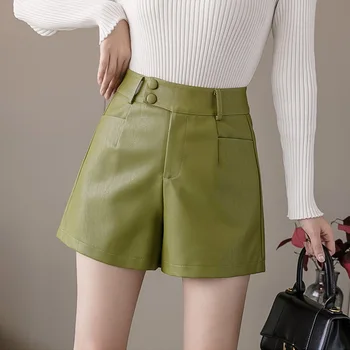 O coreano Moda PU Couro, Shorts de Mulheres de Outono Inverno do Falso Couro Mulher Shorts de Cintura Alta Fino Solto Calças Curtas das Mulheres Shorts