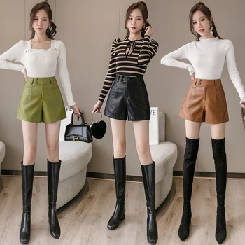 O coreano Moda PU Couro, Shorts de Mulheres de Outono Inverno do Falso Couro Mulher Shorts de Cintura Alta Fino Solto Calças Curtas das Mulheres Shorts