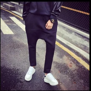 Versão coreana do hip-hop solta esporte casual calças maré de homens low-end colapso calças grande virilha calças de grande tamanho de calças de hip-hop