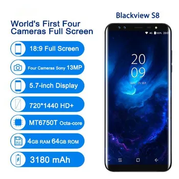 Blackview S8 Smartphone 4G 4 Câmeras de 4GB+64GB MT6750T Octa Core de impressões digitais 5.7