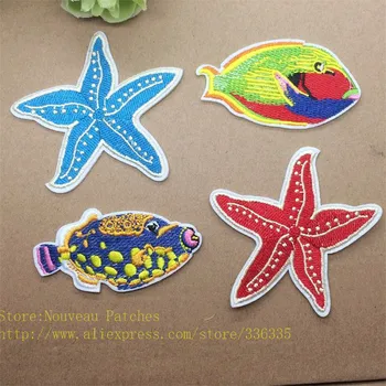 Nova chegada 10 pcs estrela-do-mar e peixes Ferro bordado No cartoon Patches BX vestuário Apliques de acessórios frete grátis